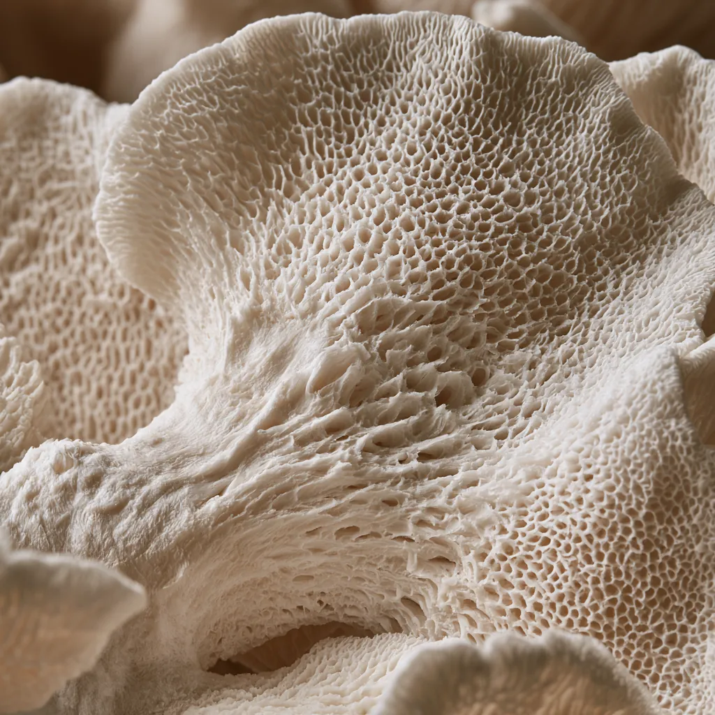 mushroom texture porous mushroom stem close-up fibrous creamy